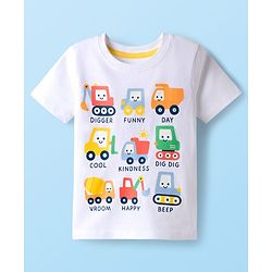 Babyhug Cotton Knit Half Sleeves T-Shirt with Vehicle Print - White