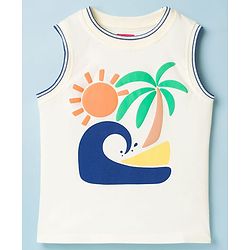 Babyhug Cotton Knit Sleeveless Tank T-Shirt with Beach Theme Graphics - Multicolor