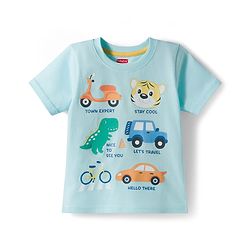 Babyhug Cotton Knit Half Sleeves T-Shirt with Vehicle & Animal Print - Aqua Blue