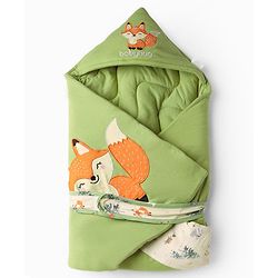 Babyhug Premium Interlock 100% Cotton Hooded Wrapper Woodland Theme - Green| Soft Breathable Baby Wrap| Adjustable Velcro Closure| Newborn Swaddle Blanket| Multipurpose Baby Sleeping Sack