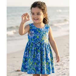 Babyhug Cotton Woven Sleeveless Frock with Floral Print & Bow -Blue