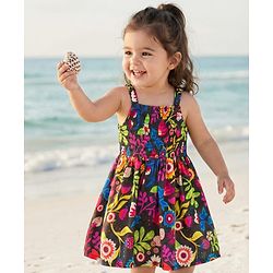 Babyhug Cotton Woven Sleeveless Floral Printed Frock with Smock Detailing - Multicolour