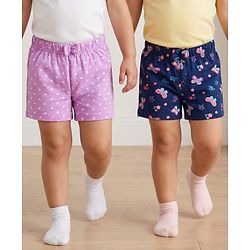 Babyhug 100% Cotton Single Jersey Knit Mid Thigh Shorts With Floral Print Pack Of 2 - Navy Blue & Purple