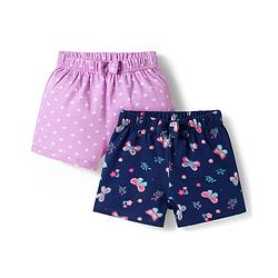 Babyhug 100% Cotton Single Jersey Knit Mid Thigh Shorts With Floral Print Pack Of 2 - Navy Blue & Purple