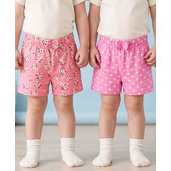 Babyhug Single Jersey Knit Mid Thigh Length Polka Dotted & Floral Printed Shorts with Bow Applique Pack of 2 - Pink