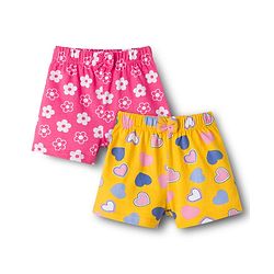 Babyhug 100% Cotton Single Jersey Knit Floral & Hearts Printed Mid Thigh Length Shorts With Bow Applique Pack Of 2 - Pink & Yellow