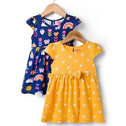 Babyhug 100% Cotton Knit Half Sleeves Floral Printed  Frock With Bow Pack Of  2- Multicolour