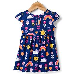 Babyhug 100% Cotton Knit Half Sleeves Floral Printed  Frock With Bow Pack Of  2- Multicolour