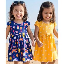 Babyhug 100% Cotton Knit Half Sleeves Floral Printed  Frock With Bow Pack Of  2- Multicolour