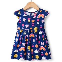 Babyhug 100% Cotton Knit Half Sleeves Floral Printed  Frock With Bow Pack Of  2- Multicolour
