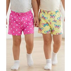 Babyhug 100% Cotton Single Jersey Knit Polka Dots & Butterfly Printed Mid Thigh Length Shorts With Bow Applique Pack Of 2 - Pink & Light Yellow