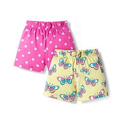 Babyhug 100% Cotton Single Jersey Knit Polka Dots & Butterfly Printed Mid Thigh Length Shorts With Bow Applique Pack Of 2 - Pink & Light Yellow