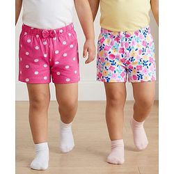 Babyhug Single Jersey Knit Mid Thigh Floral & Polka Dot Printed Shorts With Bow Applique Pack of 2 - Dark Pink & White
