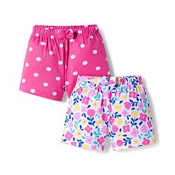 Babyhug Single Jersey Knit Mid Thigh Floral & Polka Dot Printed Shorts With Bow Applique Pack of 2 - Dark Pink & White