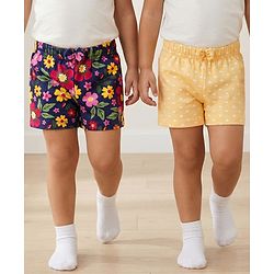 Babyhug Single Jersey Knit Floral & Polka Dots Printed Mid Thigh Length Shorts With Bow Applique Pack Of 2 - Navy Blue & Yellow