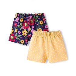 Babyhug Single Jersey Knit Floral & Polka Dots Printed Mid Thigh Length Shorts With Bow Applique Pack Of 2 - Navy Blue & Yellow
