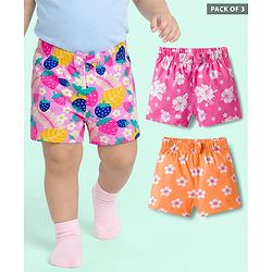 Babyhug Single Jersey Knit Mid Thigh Shorts With Floral Print Pack Of 3 - Pink Orange & Fuchsia
