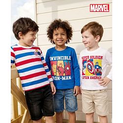 Babyhug Marvel Single Jersey Knit Full Sleeves T-Shirts with Avengers Graphic & Stripes Pack of 3 - Multicolor