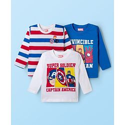 Babyhug Marvel Single Jersey Knit Full Sleeves T-Shirts with Avengers Graphic & Stripes Pack of 3 - Multicolor