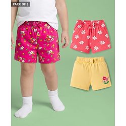 Babyhug Single Jersey Knit Floral Printed Mid Thigh Length Shorts With Bow Applique Pack Of 3 - Dark Pink & Yellow