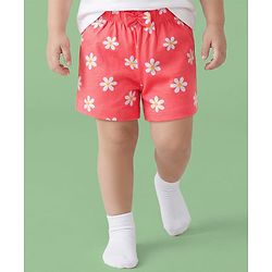 Babyhug Single Jersey Knit Floral Printed Mid Thigh Length Shorts With Bow Applique Pack Of 3 - Dark Pink & Yellow