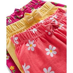 Babyhug Single Jersey Knit Floral Printed Mid Thigh Length Shorts With Bow Applique Pack Of 3 - Dark Pink & Yellow