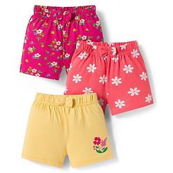 Babyhug Single Jersey Knit Floral Printed Mid Thigh Length Shorts With Bow Applique Pack Of 3 - Dark Pink & Yellow