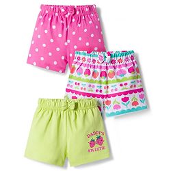 Babyhug Single Jersey Knit Mid Thigh Fruit & Polka Dot Printed Shorts With Bow Applique Pack of 3 - Light Green Dark Pink & White