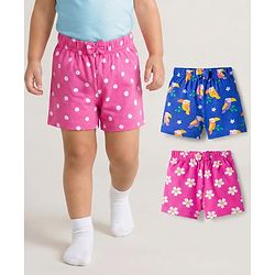 Babyhug Single Jersey Knit Mid Thigh Shorts With Floral Bird & Polka Dot Print Pack of 3 - Pink & Blue