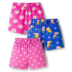 Babyhug Single Jersey Knit Mid Thigh Shorts With Floral Bird & Polka Dot Print Pack of 3 - Pink & Blue
