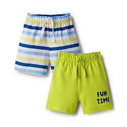 Babyhug 100% Cotton Single Jersey Knit Mid Thigh Shorts With Stripes & Fun Time Print Pack Of 2 - Yellow & White
