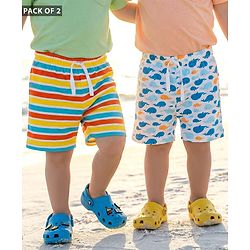 Babyhug Single Jersey Knit Striped & Whale Printed Mid Thigh Length Shorts Pack Of 2 - Multicolour