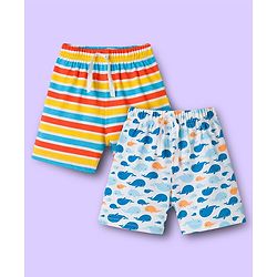 Babyhug Single Jersey Knit Striped & Whale Printed Mid Thigh Length Shorts Pack Of 2 - Multicolour