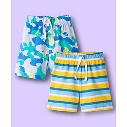 Babyhug Single Jersey Knit Mid Thigh Shorts With Stripes & Abstract Print Pack of 2 - Aqua & Yellow