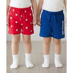 Babyhug Single Jersey Knit Mid Thigh Shorts With Star & Text Print Pack of 2 - Red & Blue