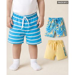 Babyhug Single Jersey knit Mid Thigh Shorts With Text Print Pack Of 3 - Yellow & Blue