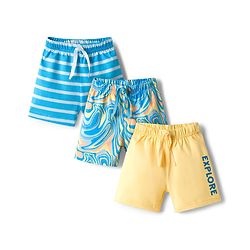 Babyhug Single Jersey knit Mid Thigh Shorts With Text Print Pack Of 3 - Yellow & Blue