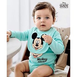 Babyhug Disney Interlock Knit Full Sleeves Mickey Mouse Printed Onesie With Bib - Light Blue