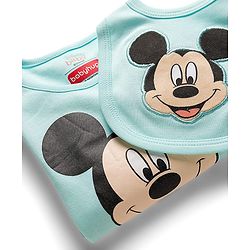Babyhug Disney Interlock Knit Full Sleeves Mickey Mouse Printed Onesie With Bib - Light Blue