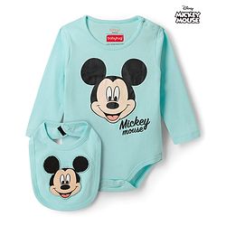 Babyhug Disney Interlock Knit Full Sleeves Mickey Mouse Printed Onesie With Bib - Light Blue