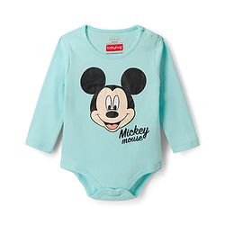 Babyhug Disney Interlock Knit Full Sleeves Mickey Mouse Printed Onesie With Bib - Light Blue