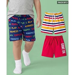 Babyhug Single Jersey Knit Mid Thigh Striped & Text Printed Shorts Pack of 3 - Red Navy Blue & White