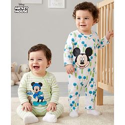 Babyhug Disney Interlock Knit Full Sleeves Rompers With Mickey Mouse Print Pack Of 2 - White
