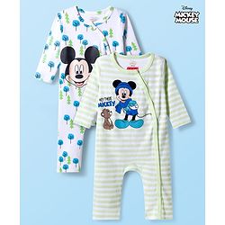 Babyhug Disney Interlock Knit Full Sleeves Rompers With Mickey Mouse Print Pack Of 2 - White