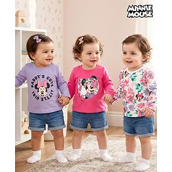 Babyhug Disney Single Jersey Knit Full Sleeves T-Shirts with Minnie Mouse Graphic Pack of 3 - Pink White & Lavender