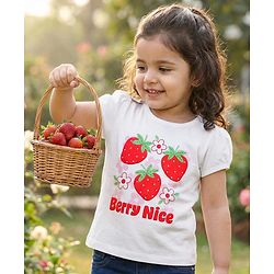 Babyhug Cotton Knit Half Sleeves T-Shirt with Strawberry Print - White