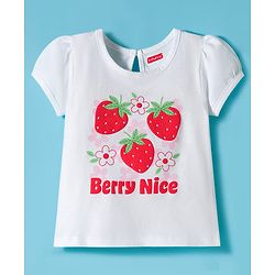 Babyhug Cotton Knit Half Sleeves T-Shirt with Strawberry Print - White