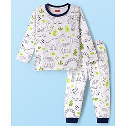Babyhug Cotton Knit Full Sleeves Co-ord Night Suit With Dino Print - White