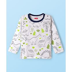 Babyhug Cotton Knit Full Sleeves Co-ord Night Suit With Dino Print - White