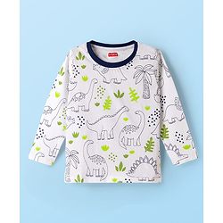 Babyhug Cotton Knit Full Sleeves Co-ord Night Suit With Dino Print - White